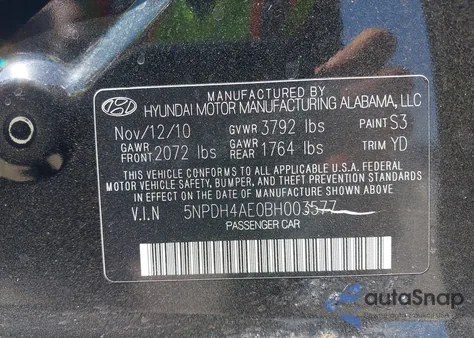 2011 Hyundai Elantra Gls from USA, damaged, VIN 5NPDH4AE0BH003577